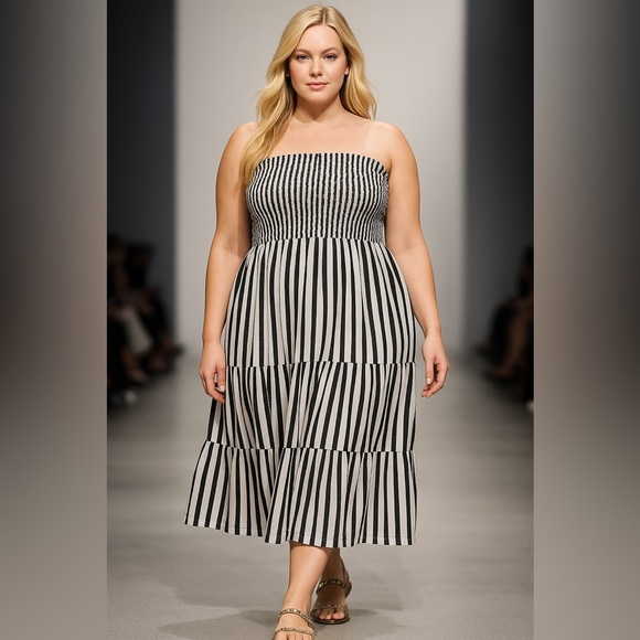 B2552- TS Convertible Smocked Skirt Dress Riviera Stripe Silver 3X (24W–26W) NWT - Picture 1 of 9
